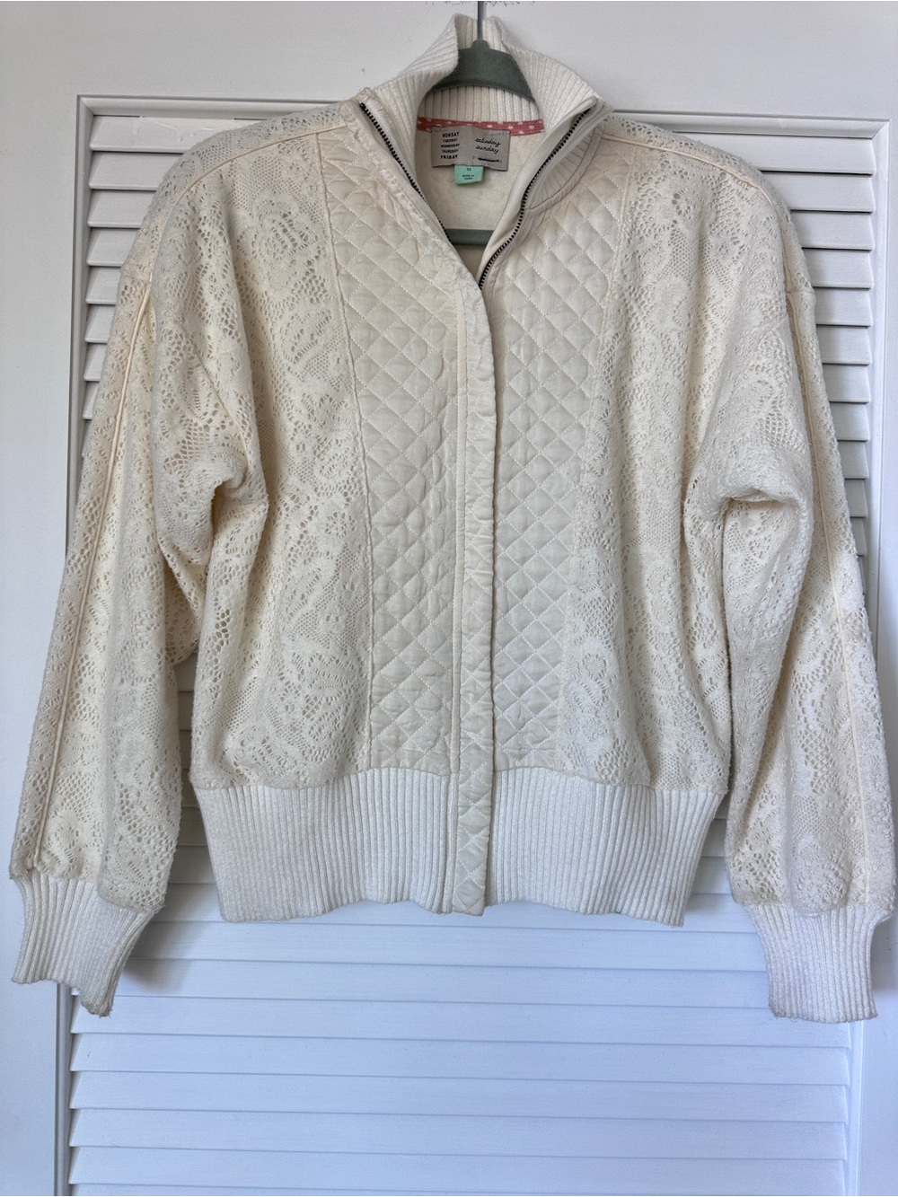 Saturday Sunday Anthropologie Ivory Lace Quilted Bomber Jacket XS